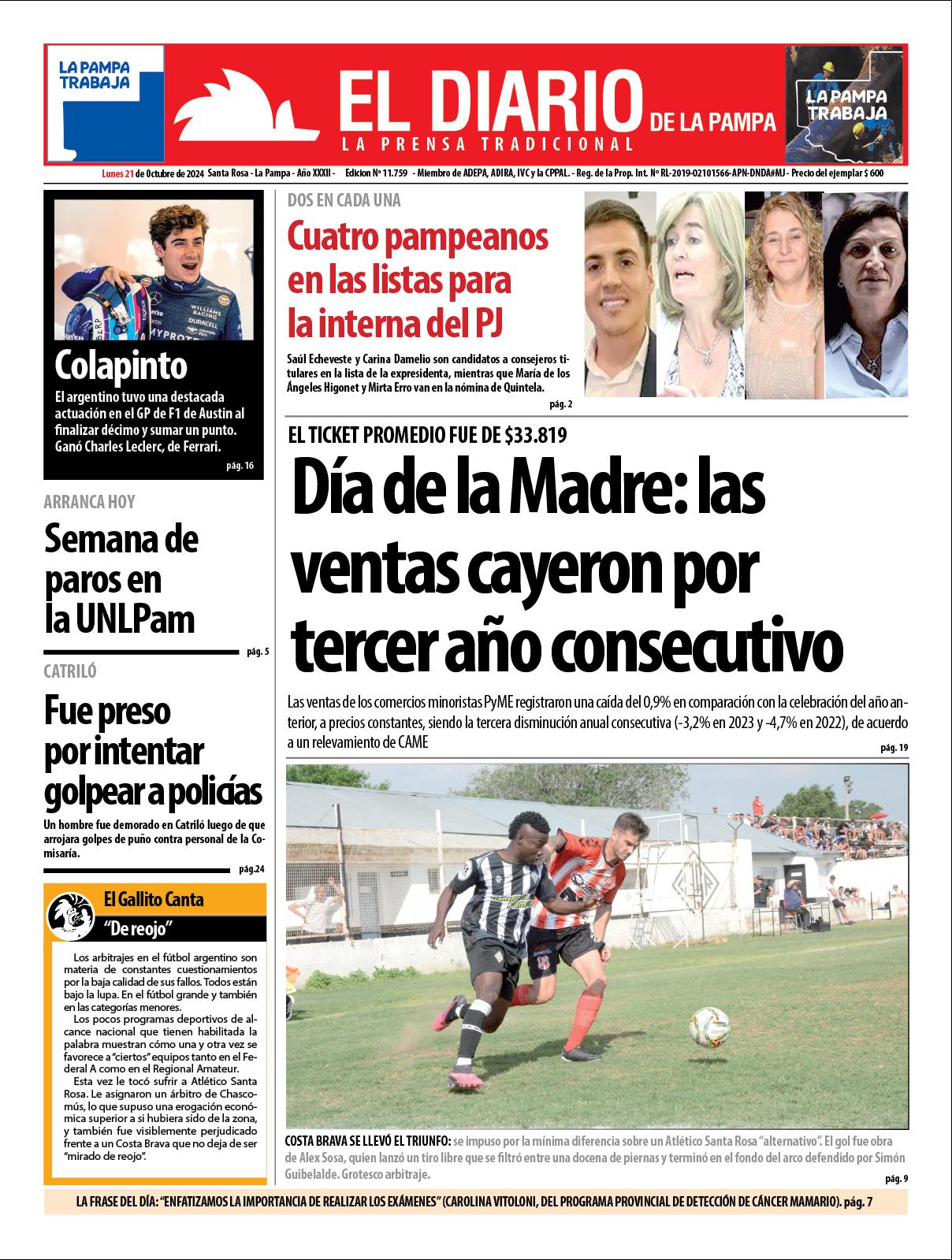 Tapa de El Diario en papel  lunes 21 de octubre de 2024